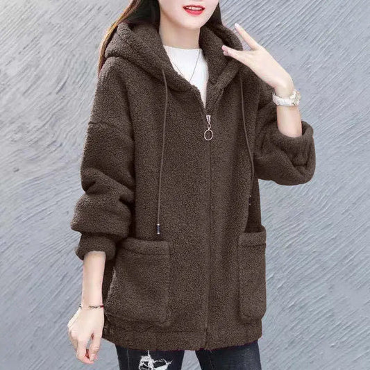 Women’s Teddy Zip Hoodie Jacket – Oversized Fleece With Hood and Patch Pockets for Fall Layering
