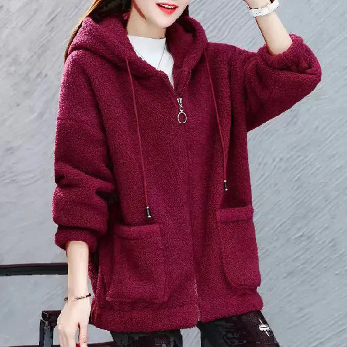 Women’s Teddy Zip Hoodie Jacket – Oversized Fleece With Hood and Patch Pockets for Fall Layering