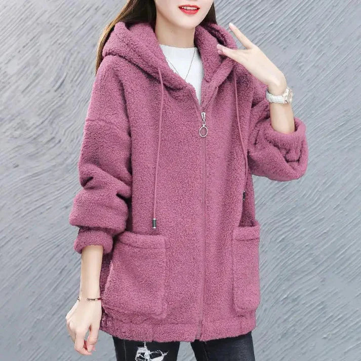Women’s Teddy Zip Hoodie Jacket – Oversized Fleece With Hood and Patch Pockets for Fall Layering