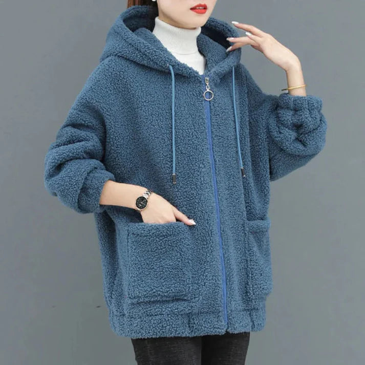 Women’s Teddy Zip Hoodie Jacket – Oversized Fleece With Hood and Patch Pockets for Fall Layering