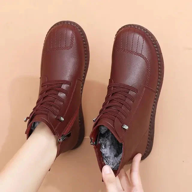 Women’s Faux Leather Lace-Up Ankle Boots – Heart Stitch Detail, Side Zip, Textured Rubber Sole – Fall Footwear