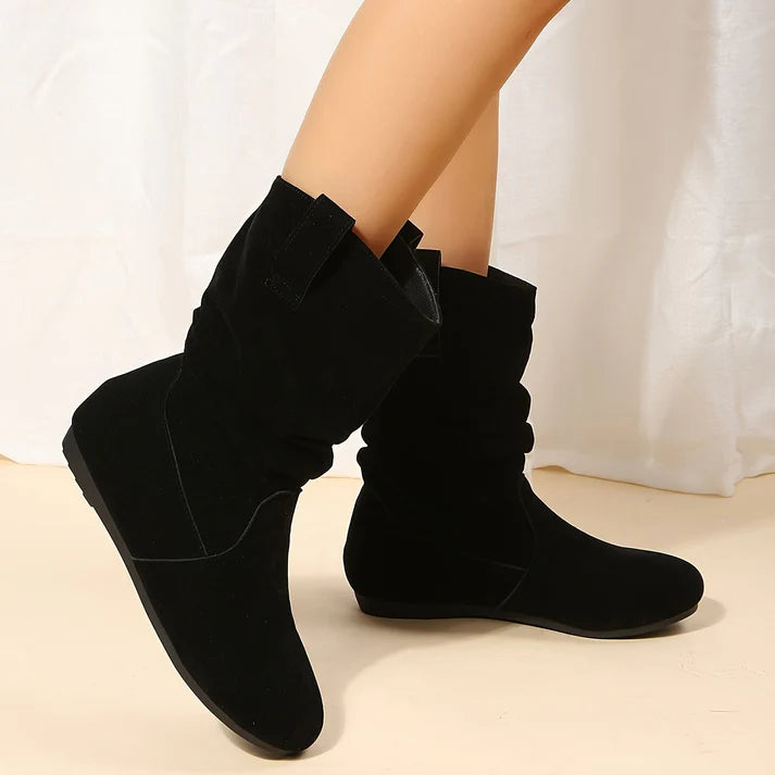 Women’s Mid-Calf Slouch Boots – Suede-Style Upper With Pull-On Tabs and Flat Sole for Fall Outfits