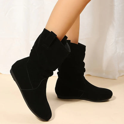 Women’s Mid-Calf Slouch Boots – Suede-Style Upper With Pull-On Tabs and Flat Sole for Fall Outfits