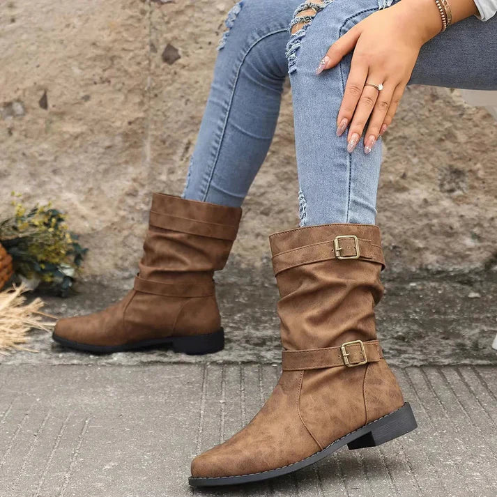 Women’s Mid-Calf Slouch Boots – Faux Leather, Dual Buckle Straps, Rounded Toe, Flat Sole – Fall Footwear