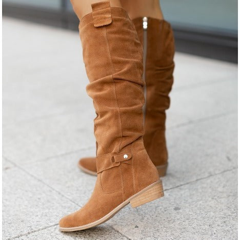 Suede Slouch Boots With Block Heel